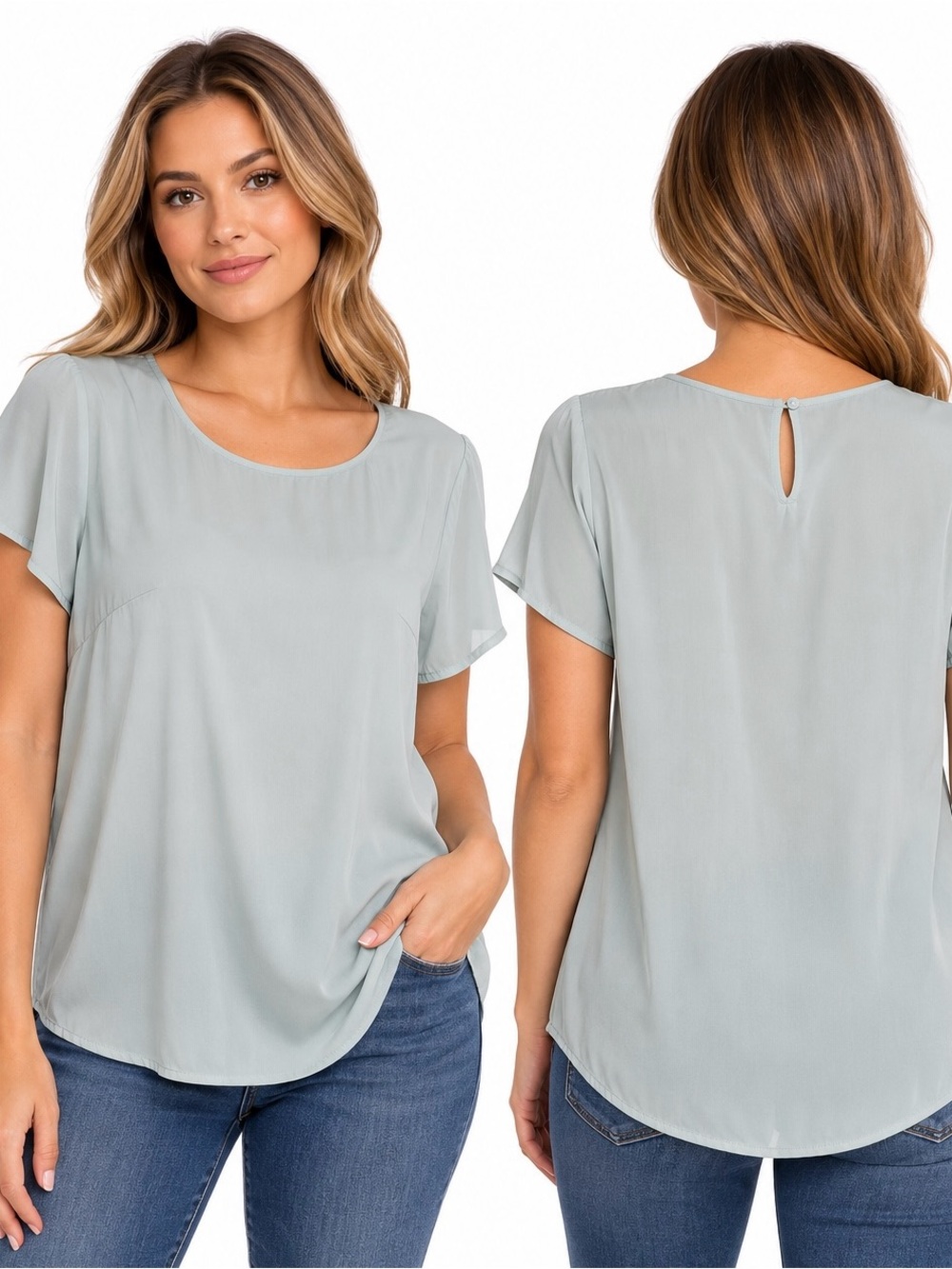 Quince Light Sage Silk Scoop Neck Short Sleeve Blouse size Large